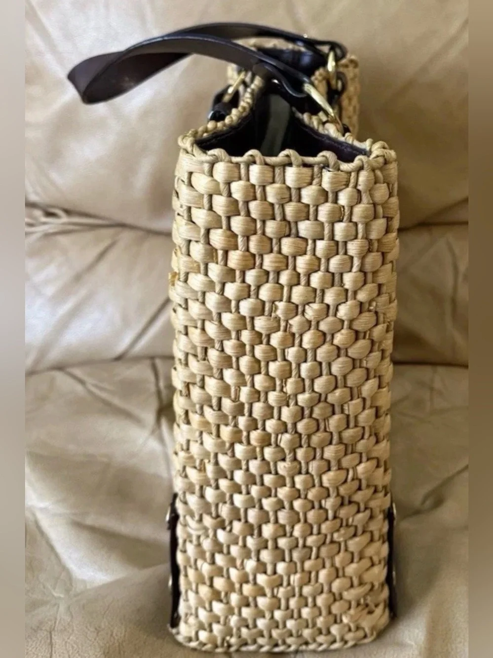 MICHAEL Kors Santorini Raffia Straw Tote Handbag Brown Leather Accents
